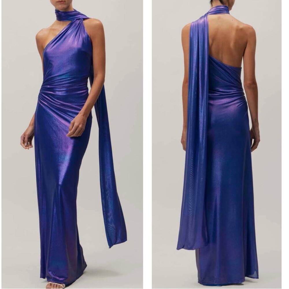 BAOBAB Ari One Shoulder Ruched Scarf Open Back Blue Galaxy Maxi Dress Size L
